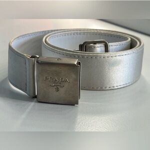 Vintage PRADA White Leather, Metal Buckle Belt, Collectible